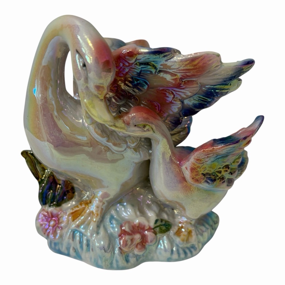 Vintage Iridescent Swan Figurine goose mom baby Multicolored Flowers Decoration